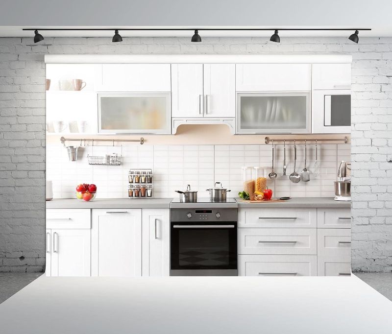 Photo 1 of BELECO 7x5ft Fabric Modern Kitchen Backdrop for Photography White Kitchen Wall Background for Video Recording Cooking Party Decorations Kids Adults Portrait Photoshoot Studio Booth Props Wallpaper