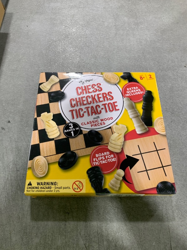 Photo 1 of Regal Games - Reversible Wooden Board for Chess, Checkers & Tic-Tac-Toe - 24 Interlocking Wooden Checkers and 32 Standard Chess Pieces - for Age 8 to Adult for Family Fun
