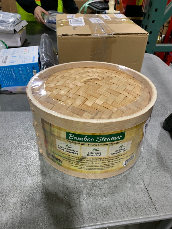 Photo 1 of Prime Home Direct Bamboo Steamer Basket 10-Inch | 2-Tier Steamer for Cooking | 50 Liners, Chopsticks, Sauce Dish | Steaming Asian Food, Bao Buns, Chinese, Dim Sum, Dumpling, Rice, Vegetable Steam Pot