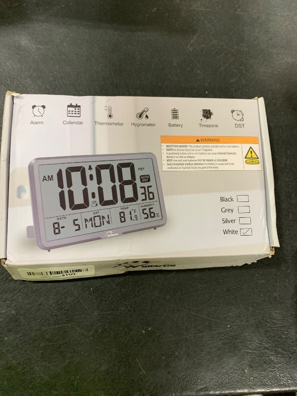 Photo 1 of WallarGe Auto Set Digital Wall Clock Battery Operated, Desk Clocks with Temperature, Humidity and Date, Large Display Digital Calendar Alarm Clock for Elderly, Bedroom, Office, 8 Time Zone, Auto DST.