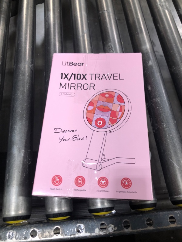 Photo 1 of LitBear Travel Makeup Mirror with Lights, Rechargeable Double-Sided 10X/1X Magnifying Mirror, Portable Lighted Beauty Mirror, 3 Color Lighting, Dimmable Touch Screen, Tabletop Handhold Hanging (Blue)
