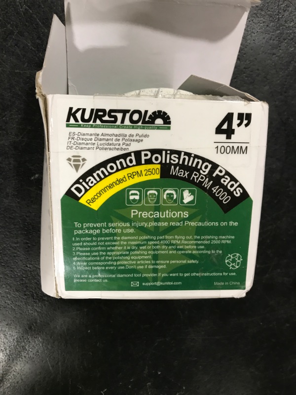Photo 1 of KURSTOL Diamond Polishing Pads Set - 10pcs 4"/100mm Grits #50/#100/#200/#400/#800 Wet Countertop Polishing Pads for Granite Quartz Stone Marble Floor