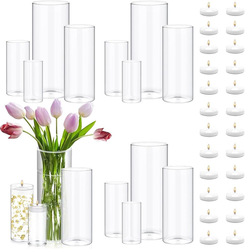 Photo 1 of Nuanchu 20156 Pcs Centerpiece Vase Decor 12 Cylinder Vase 24 White Floating Candles 120 Gold and Black Simulated Pearls 20000 Pcs Clear Water Gel for Bottle Fillers,Valentines Wedding Centerpiece