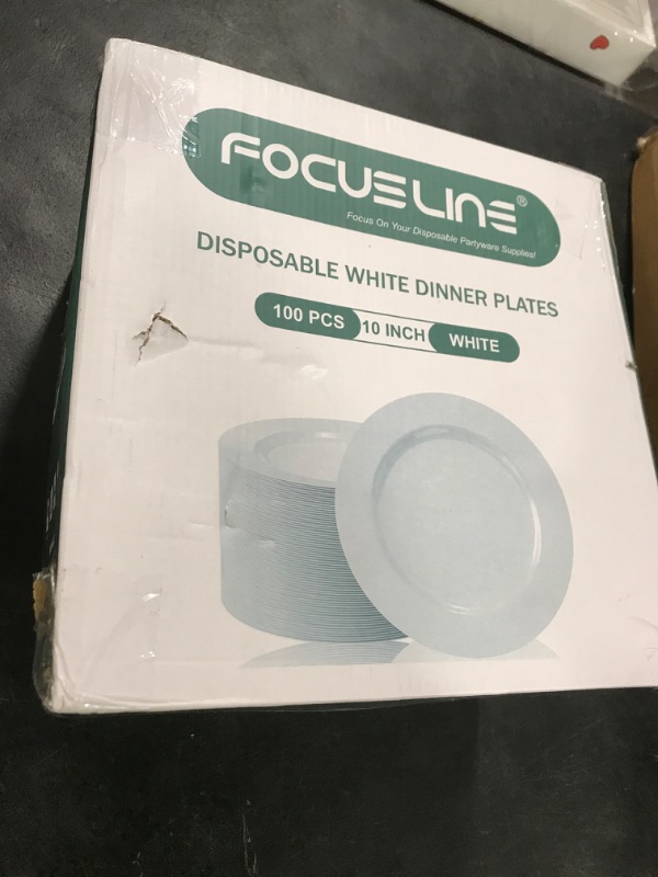 Photo 1 of FOCUSLINE 100 Count White Plastic Plates 10 Inch, Disposable Heavy Duty Dinner Plates- Premium Hard Plastic Plate Fancy Disposable White Plate for Weddings, Parties and Events