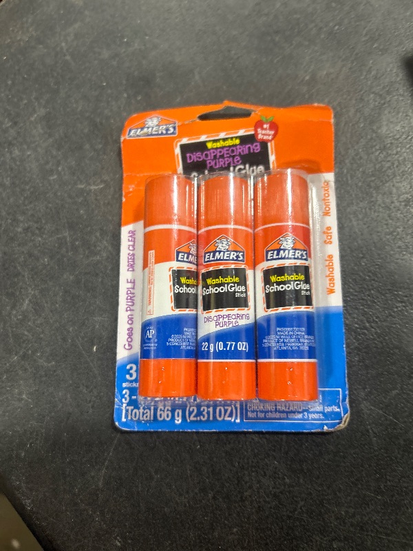 Photo 1 of Elmer's Disappearing Purple School Glue Sticks, Washable, 22 Grams, 3 Count - Back to School, Teacher Supplies, #1 Teacher Brand