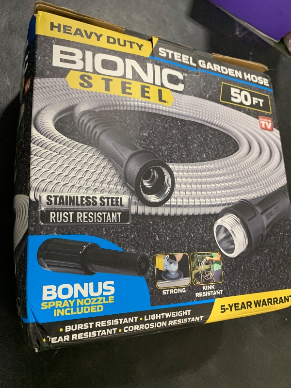 Photo 1 of BIONIC STEEL 50 Ft Metal Garden Hose with Sprayer Nozzle, Non Kinking Designed Stainless Steel Heavy Duty Water Hose 50Ft x 5/8 in. Ultra Flexible NON Expandable for Uninterrupted Water Flow, 500 PSI