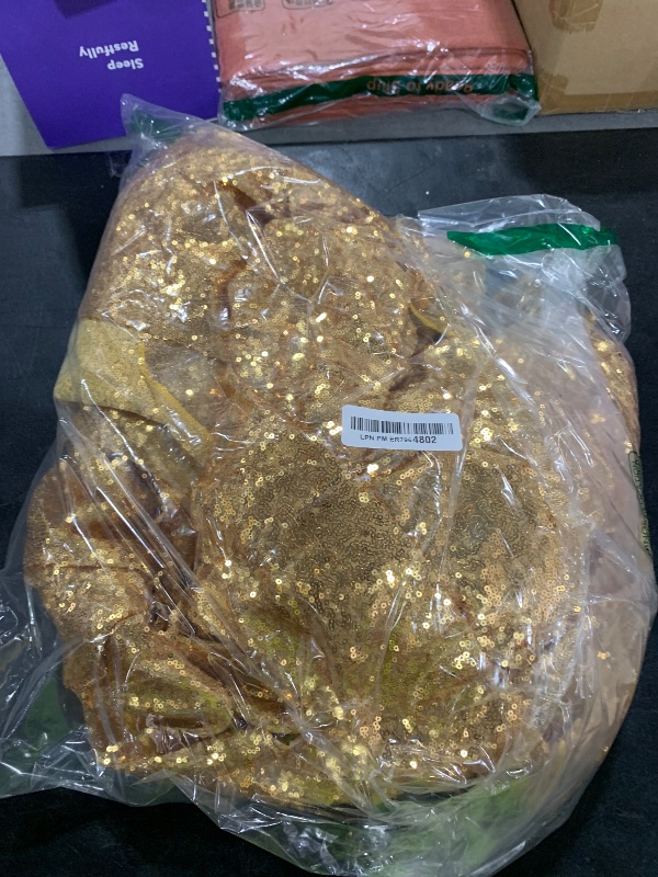 Photo 1 of B-COOL Gold Round Tablecloth Party Decorations: 132 Inch Table Cloth Large Sequin Fabric Overlay for Indoor Outdoor Dining Parties Graduation