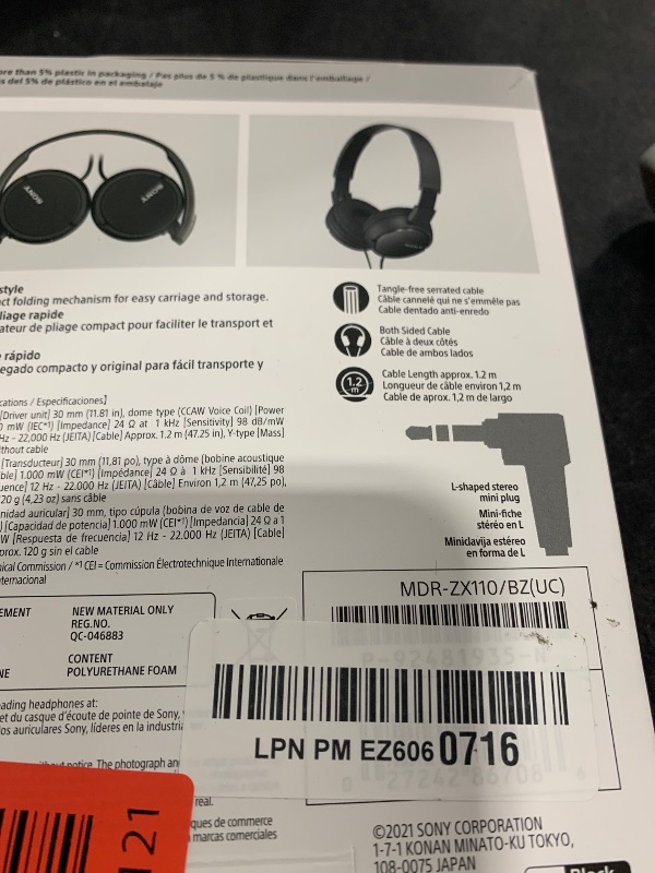 Photo 1 of Sony ZX Series Wired On-Ear Headphones, Black MDR-ZX110