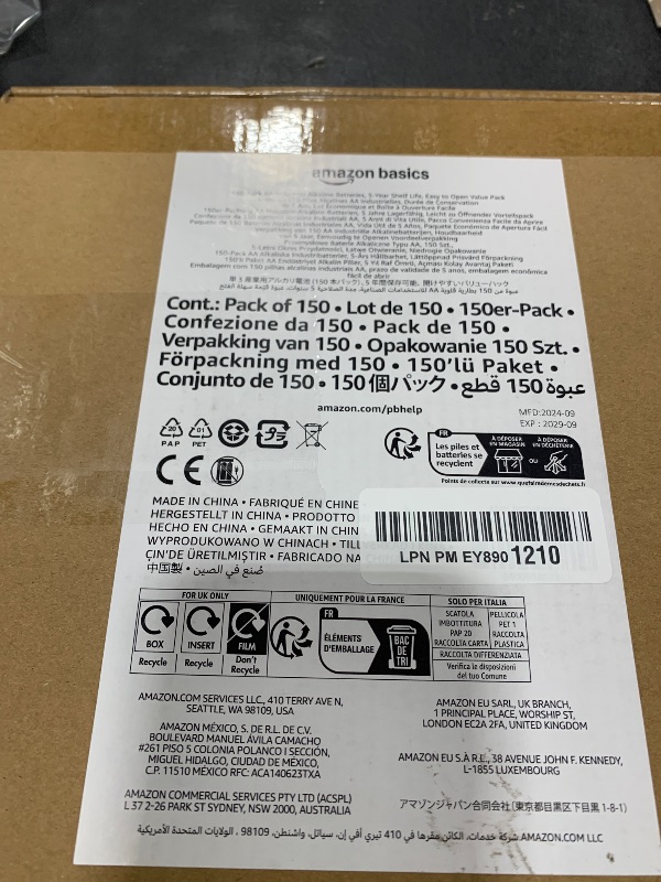 Photo 1 of Amazon Basics 150-Pack AA Alkaline Industrial Batteries, 1.5 Volt, 5-10 Year Shelf Life