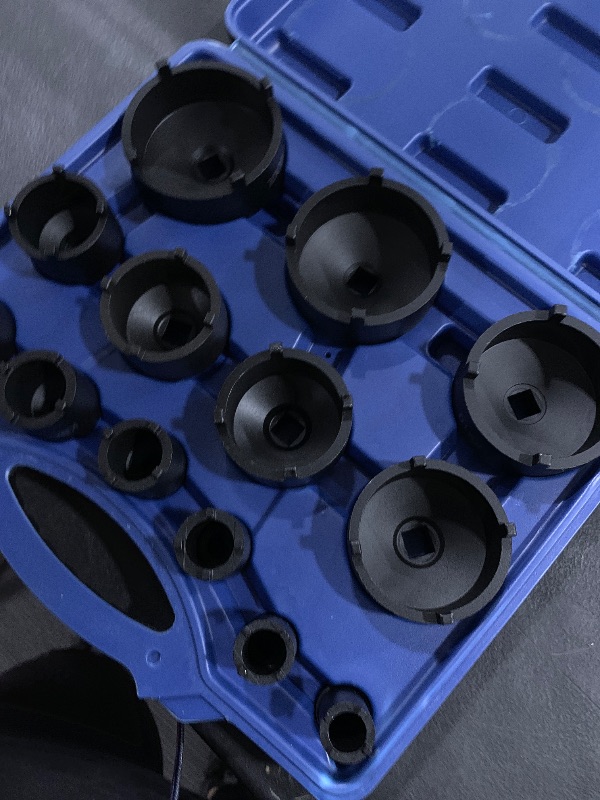Photo 1 of 13pc Spindle Nuts Socket Kit Ball Joints Axle Locknut Remove Install Locking Hub Socket for KM Groove Nuts, 4 Teeth Exterior with 1/2'' 21.5mm 25mm 30mm 32.5mm 36mm 43mm 48.5mm 57mm 62.5mm 69mm 76mm