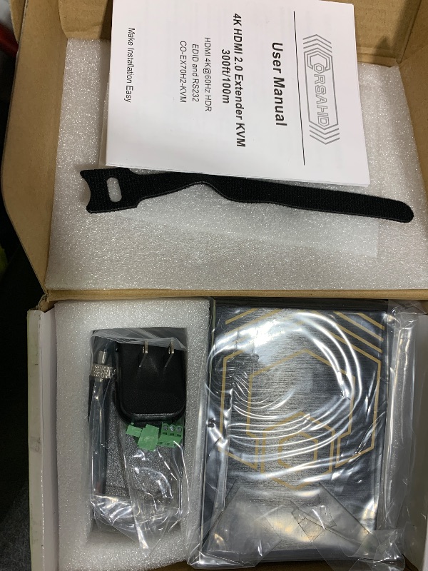 Photo 1 of HDMI KVM Extender USB Uncompressed 4K 60Hz HDR Single Over Cat5e/6 up to 300ft, 3 Ports USB2.0 Hub POE+RS232+EDID+3.5mm Stereo Audio and Microphone