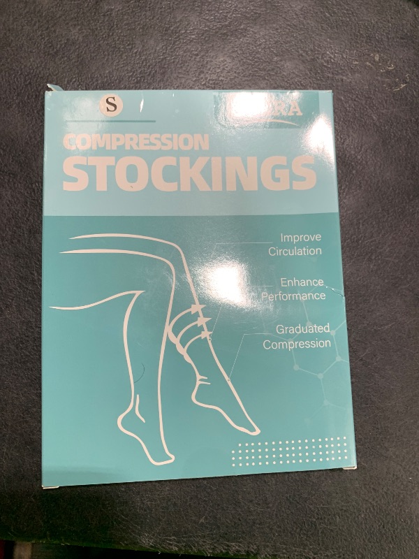 Photo 1 of 2 Pairs Sheer Compression Socks for Women - 15-20 mmHg Knee High Sheer Compression Stockings for Support Circulation Swelling Edema Work Office Travel, Beige, Small
