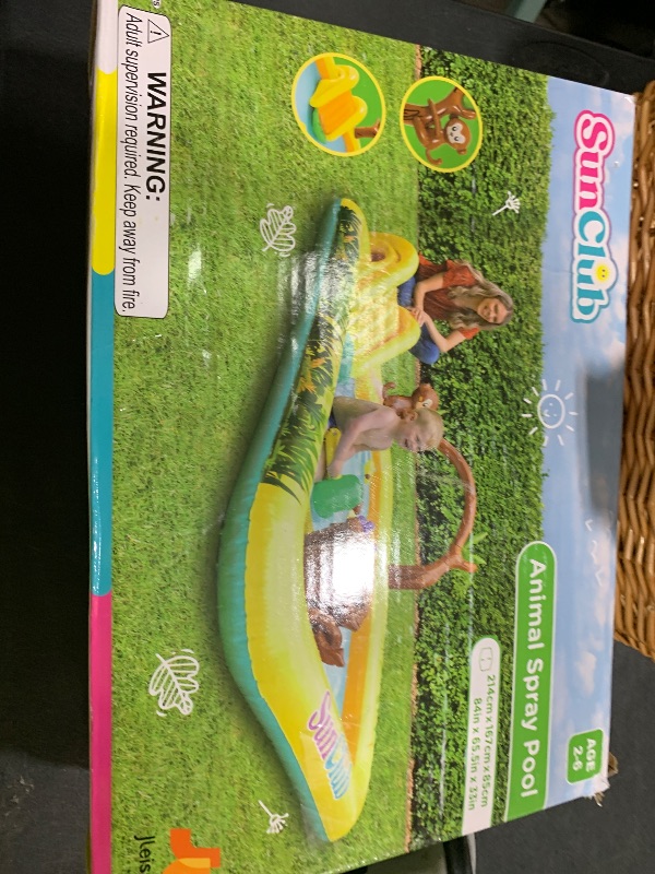 Photo 1 of Inflatable Play Center, Inflatable Swimming Kiddie Pool with Slide, Cartoon Animals Sprinker Toy with Base Pool, Monkey, Tree Stump for Kids Toddler Children Garden Backyard