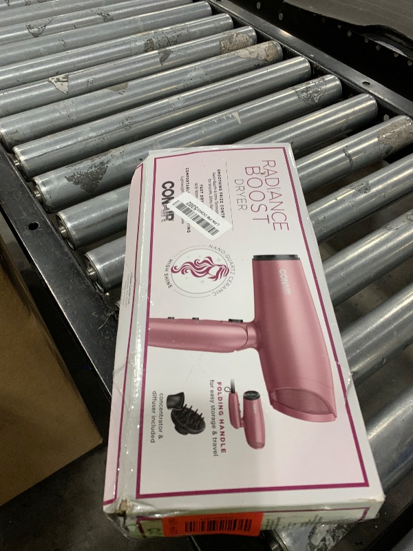 Photo 1 of Conair Hair Dryer with Diffuser and Folding Handle, Travel Friendly Hair Dryer, Radiance Boost Blow Dryer for Less Frizz, More Shine, and Irresistibly Silky Hair, Includes Diffuser and Concentrator