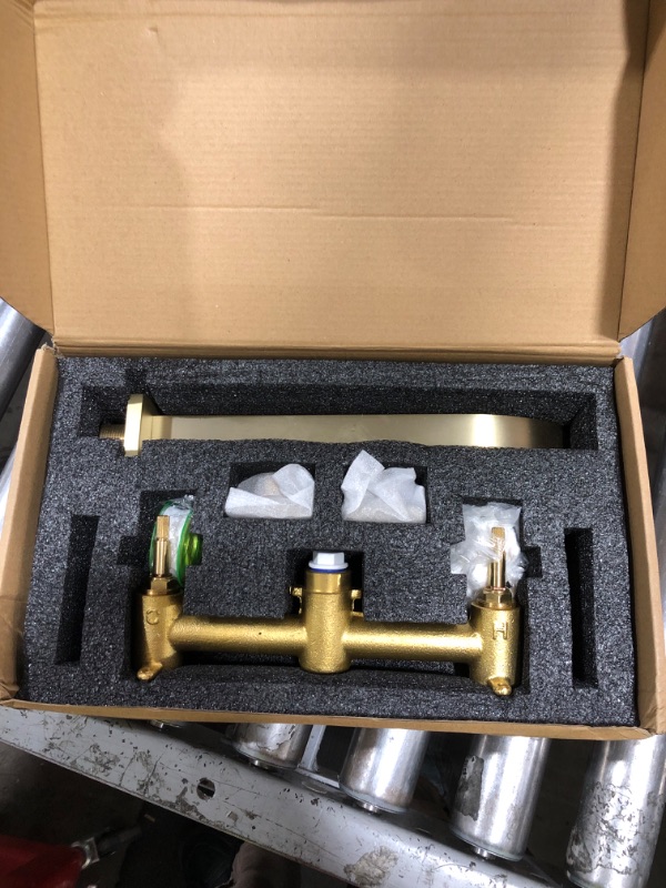 Photo 1 of Wall Mount Tub Filler AUU Brushed Gold Bathtub Faucet Long Spout Reach, 2 Level Handles Wall Mount Tub Faucet with Brass Rough in Valve Included