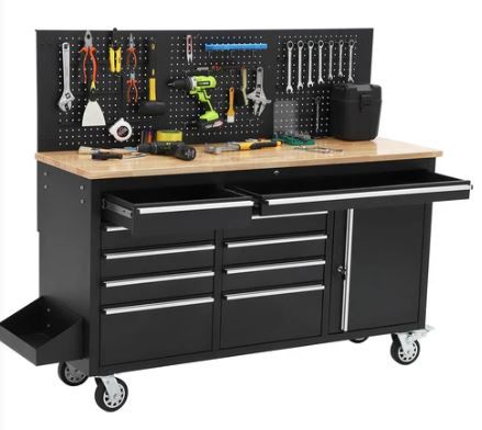 Photo 1 of Garvee 61 x 19 Inch Tool Chest Workbench, 61-inch Rolling Tool Chest with Wheels, 10 Drawers, Multifunctional Tool Cart Mechanic Tool Storage Cabinet for Garage, Assembled Large Tool Box Storage Cabinet, Black
