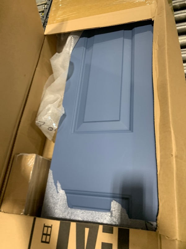 Photo 1 of 30 in. x 80 in. 2 Panel Dignity Blue Painted MDF Composite Bi-Fold Barn Door with Sliding Hardware Kit