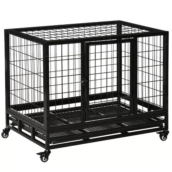 Photo 1 of PawHut Heavy Duty Dog Crate, Indestructible Dog Cage Kennel with Removable Tray, Lockable Wheels and Double Door, Black
