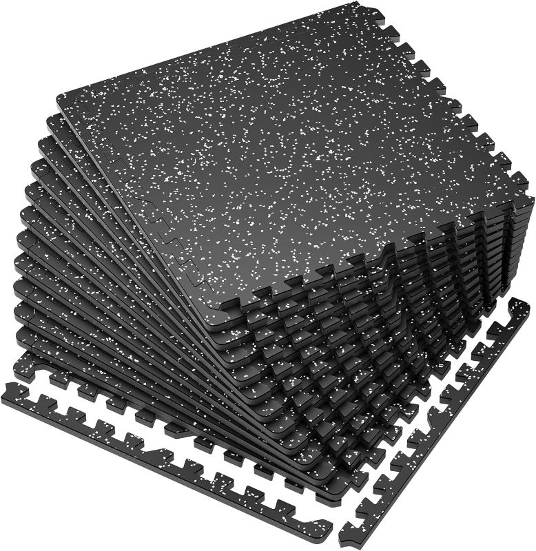 Photo 1 of SUPERJARE 0.56'' Thick 12 Pcs 48 Sq Ft Rubber Top Exercise Equipment Mats, High Density EVA Foam Mats with Rubber Top, Interlocking Gym Flooring for Home Gym, Protective Workout Mat, Black/Grey
