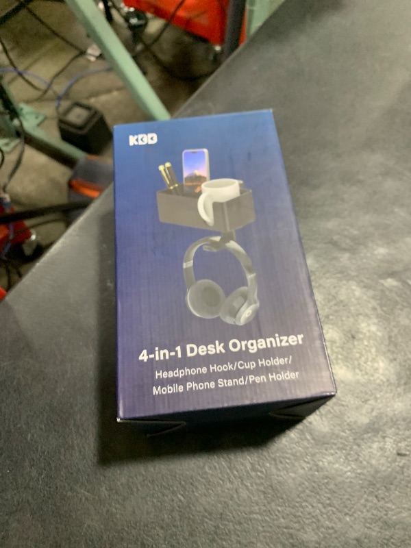 Photo 1 of KDD 4-in-1 Desk Organizer - Under Desk Cup Holder and Headphone Hanger with 2 Wire Holes - Rotating Hanger and Detachable Storage for Cup, Phone and Pen (White)