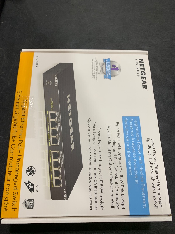 Photo 1 of NETGEAR 8-Port PoE+ Gigabit Ethernet Unmanaged Essentials Switch (GS308PP) - with 8 x PoE+ @ 83W, Desktop or Wall Mount