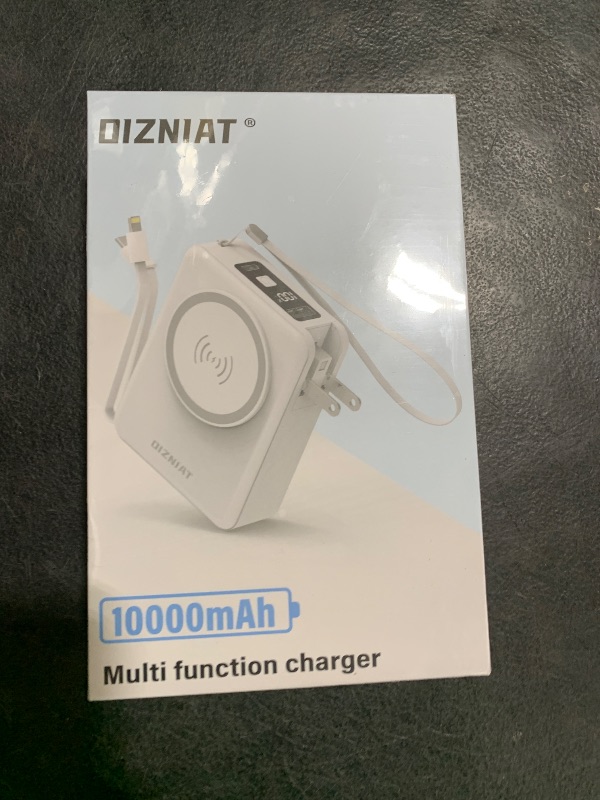 Photo 1 of OIZNIAT 10000mAh Portable Charger Power Bank for magsafe, 22.5W Fast Charging Wall Plug Power Bank for iPhone Andriod Sumsung 5 in 1 Travel Wireless Charger Built in USB C Lightning Cables-B