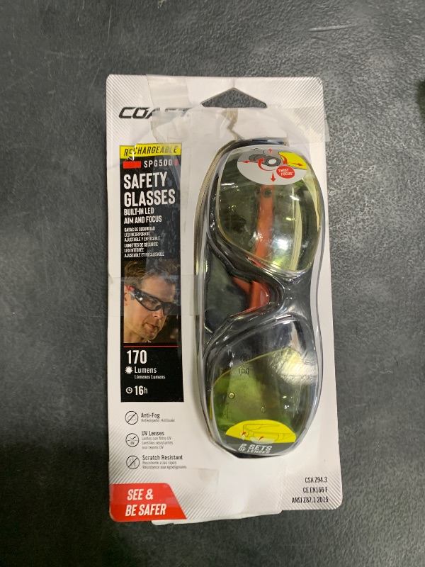 Photo 1 of CoastSPG500 Rechargeable Lighted LED SafetyGlasses,Bulls-Eye Spot Beam,ANSI Z87Standards, 2Scratch Resistant Lenses (Clear,Yellow) Included, UVProtection, Protective Carrying Case Included (Black/Red)