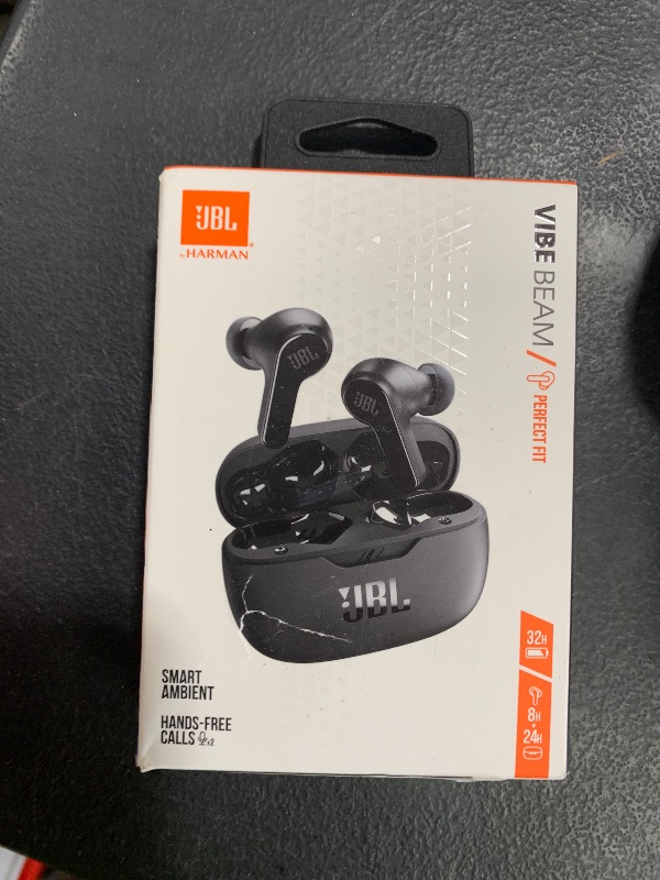 Photo 1 of JBL Vibe Beam - True Wireless JBL Deep Bass Sound Earbuds, Bluetooth 5.2, Water & Dust Resistant, Hands-free call with VoiceAware, Up to 32 hours of battery life (Black)
