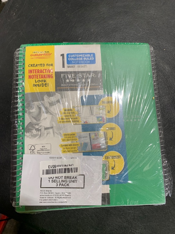 Photo 1 of Five Star Interactive Notetaking Spiral Notebooks, 3 Pack, 1 Subject, College Ruled Paper, 11" x 8-1/2", 100 Sheets, Customizable Cover, Black, Green, Purple (820041-ECM)