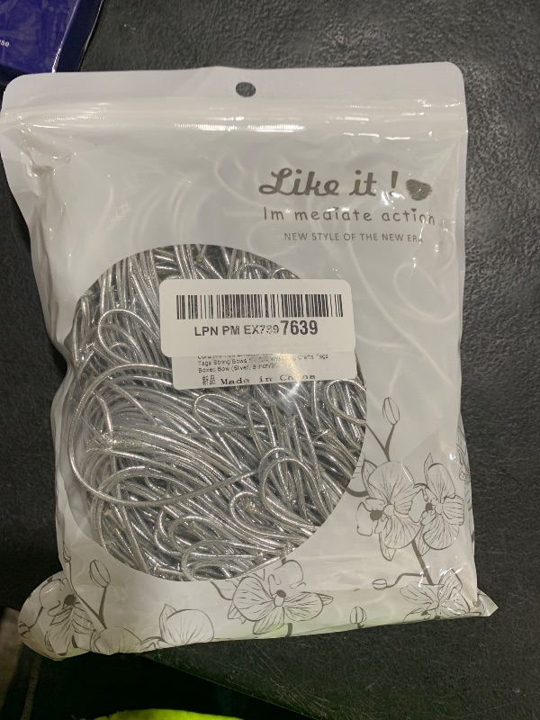 Photo 1 of OZXCHIXU 200 Pcs Stretch Loops Metallic Elastic Cord Pre Tied Ornament Strings Elastic Ribbon for Tags String Bows for Gift Wrapping Crafts Tags Boxes Bow (Silver, 8 inch/200pcs)