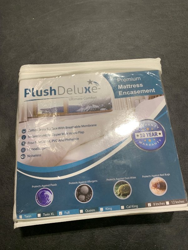 Photo 1 of PlushDeluxe Full Size Premium Mattress Encasement - Zippered Waterproof, Bedbug Proof Design, 6-Sided Protection - Hypoallergenic Cotton Terry Fabric [9-12"] Depth