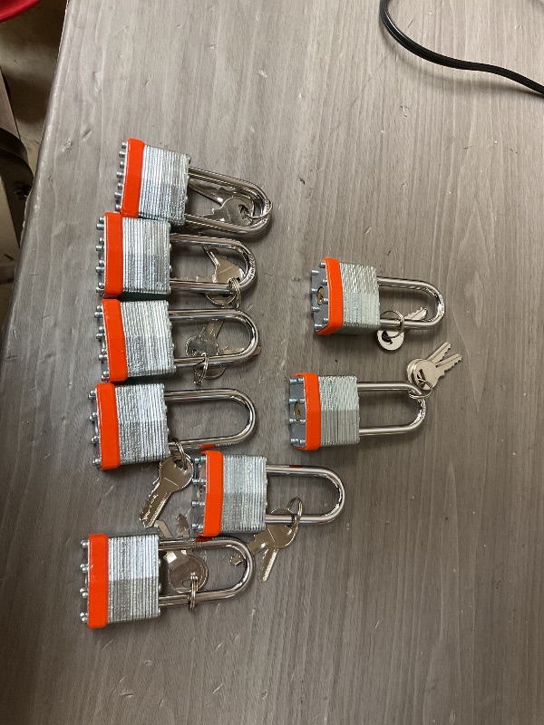 Photo 1 of HZSY Padlocks Keyed Alike, Pack of 8, Laminated Steel Keyed Lock (1-9/16", 40mm), Padlocks with Same Key, Long Shackle, for Toolbox, Locker & StorageUnit or More