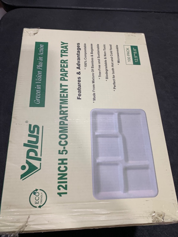 Photo 1 of Vplus 100% Compostable 5 Compartment Paper Plates, 100 Pack, 12.5 x 8.6 inch Disposable School Lunch Trays, Eco-Friendly Bagasse Plates for Buffet, and Party