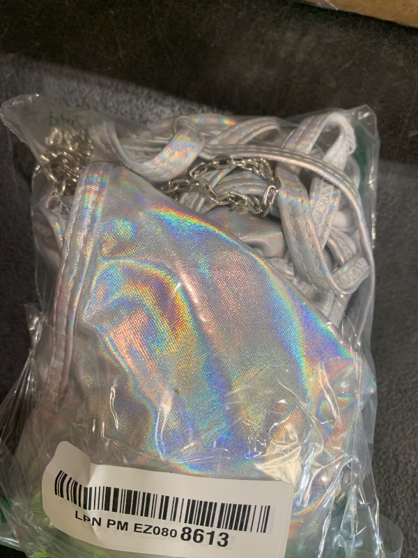 Photo 1 of Rave Outfits for Women - Bikini Top Music Festival Underboob Shirt High Cut Bottom Disco Outfit with Silver Chain (SilverHolographic,M,1312a)