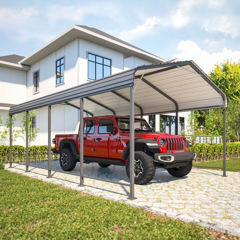 Photo 1 of 12x20FT Metal Carport, Heavy Duty Carport Canopy with Reinforced Frame and Base for All-Weather, Outdoor Garage Car Port for Pickup Trucks, Boats, Tractors or Party
