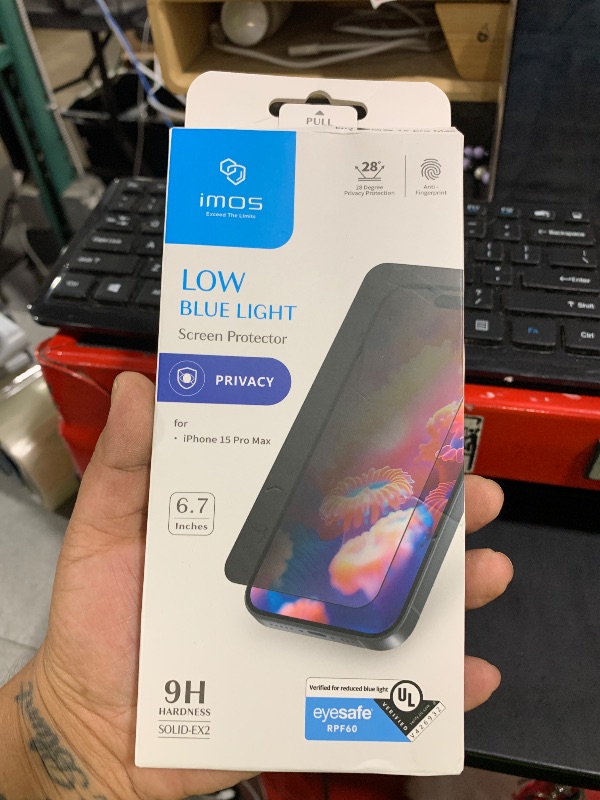 Photo 1 of imos Screen Protector for iPhone 15 Pro Max, 2.5D Blue Light Block Privacy Screen Protector Tempered Glass, Durable and Drop-Resistant, Bubble Free, Easy Installation