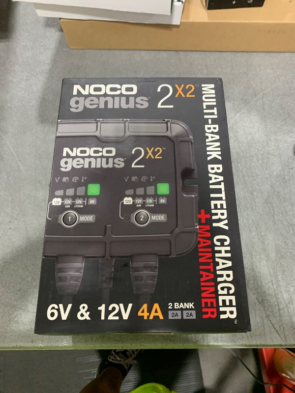 Photo 1 of NOCO GENIUS2X2: 4A 2-Bank Smart Battery Charger (2A/Bank) - 6V/12V Automatic Maintainer, Trickle Charger & Desulfator with Overcharge Protection & Temperature Compensation – For Lead-Acid & Lithium