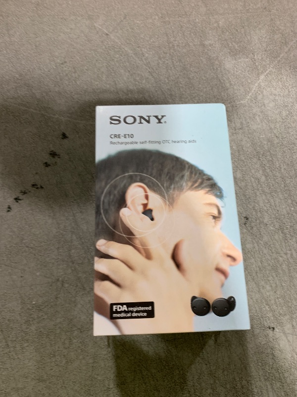 Photo 1 of Sony CRE-E10 Self-Fitting OTC Hearing Aids for Mild to Moderate Hearing Loss, Prescription-Grade Sound Quality, Comfortable Earbud Design, Bluetooth Enabled for iOS, and Rechargeable Battery, Black