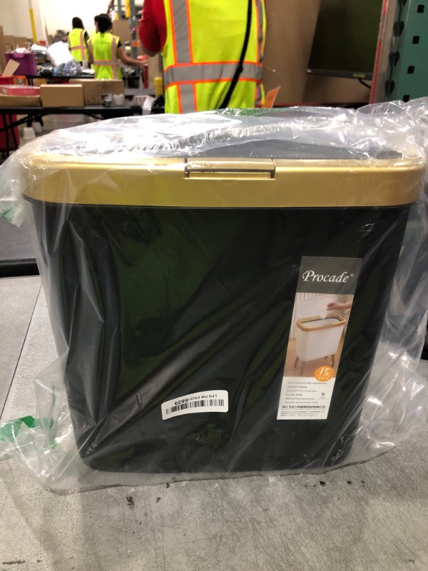 Photo 1 of Procade Office Trash Can with Lid, Black Bathroom Trash Can with Gold Edge, Modern Narrow Garbage Can with Legs, Slim Plastic Trash Bin for Bedroom, Living Room,Kitchen,Toilet, 4 Gallon