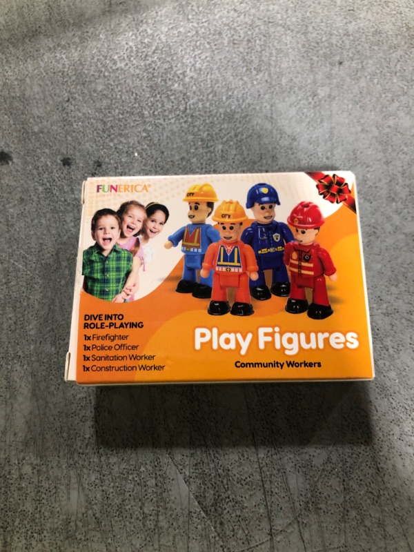 Photo 1 of FUNERICA Toy Figures & Playsets - Firefighter, Police, Sanitation, Construction Worker - Play People Figures for Toddlers & Kids - Little People Toy Figurines - Mini People Community Helpers (4-Pack)