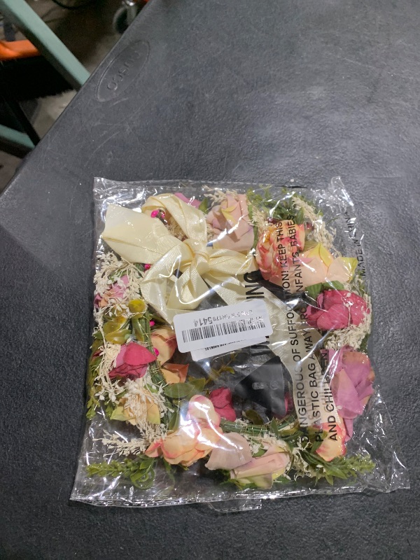 Photo 1 of Vivivalue Rose Flower Crown Boho Flower Headband Hair Wreath Floral Headpiece Halo with Ribbon Wedding Party Festival Photos Pink