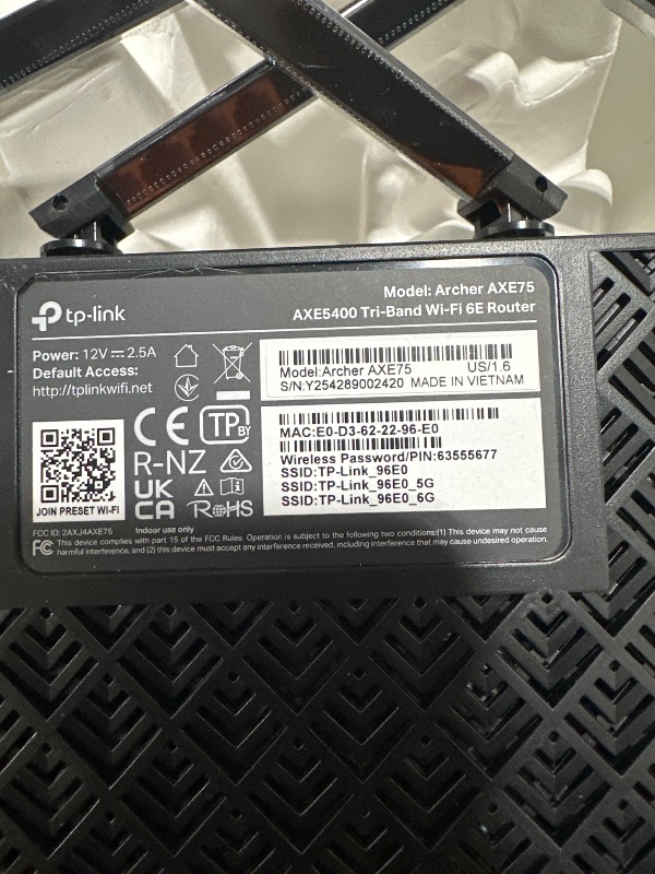 Photo 1 of TP-Link AXE5400 Tri-Band WiFi 6E Router (Archer AXE75)- Gigabit Wireless Internet for Gaming, VPN, OneMesh, WPA3