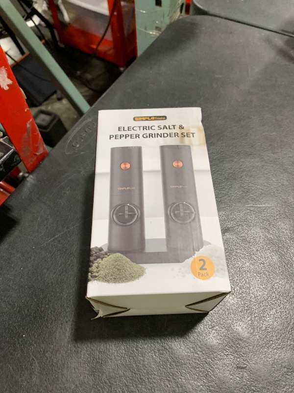 Photo 1 of SIMPLETASTE Electric Salt and Pepper Grinder Set, One-Handed, Battery Powered, Adjustable Coarseness, LED Light, Pepper mills with stand, Seasoning Tools for Kitchen, Dining or Gifting