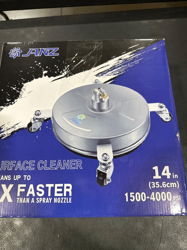 Photo 1 of janz 14" Pressure Washer Surface Cleaner with 4 Wheels, Stainless Steel Housing, 1/4" Quick Plug, 2 Extension Wands, 2 Replacement Nozzles and 3 Spray Nozzles, 4000 PSI