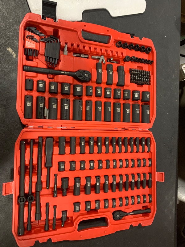 Photo 1 of LLNDEI 1/4 & 3/8 Inch Drive Impact Socket Set, 186 Pieces Metric and Standard Full Sockets, CR-V Deep & Shallow Sockets Tool Set with Ratchet Wrench Handle, Spark Plug Socket, Bits for Mechanic