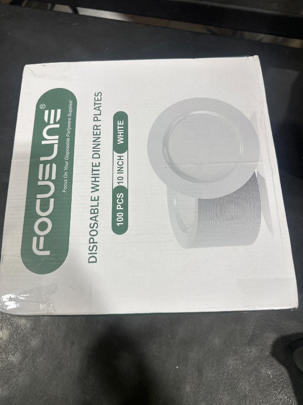 Photo 1 of FOCUSLINE 100 Count White Plastic Plates 10 Inch, Disposable Heavy Duty Dinner Plates- Premium Hard Plastic Plate Fancy Disposable White Plate for Weddings, Parties and Events