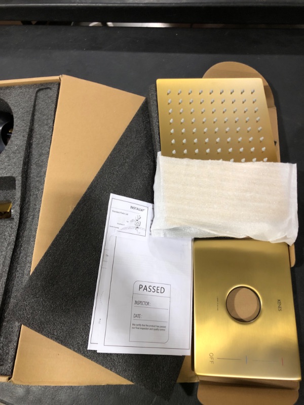 Photo 1 of KENES Brushed Gold Tub and Shower Trim Kit, Modern Shower Faucet Set with Single-Spray Gold Shower Head, Square Shower Faucet, KE-6024A-4 (Shower Valve Included)