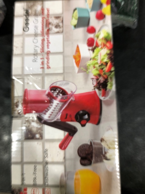 Photo 1 of Geedel Rotary Cheese Grater, Kitchen Mandoline Vegetable Slicer with 3 Interchangeable Blades, Easy to Clean Grater for Fruit, Vegetables, Nuts