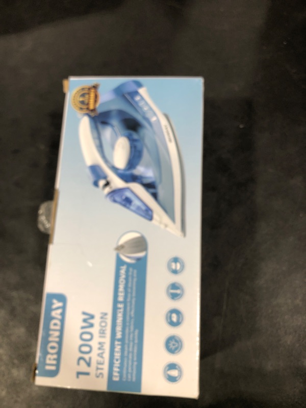 Photo 1 of IRONDAY Steam Iron for Clothes Fast Heating, 1200W Iron with Non-Stick Ceramic Soleplate, Self-Cleaning, Burst of Steam, Spray Mist, 7.03oz Water Tank Ironing Clothes for Home, Blue