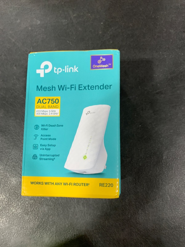 Photo 1 of TP-Link WiFi Extender with Ethernet Port, Dual Band 5GHz/2.4GHz, Up to 44% More Bandwidth Than Single Band, Covers Up to 1200 Sq.ft and 30 Devices, Signal Booster Amplifier Supports OneMesh(RE220)